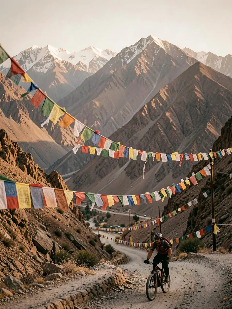 A trekker looking over a high Himalayan valley in Ladakh